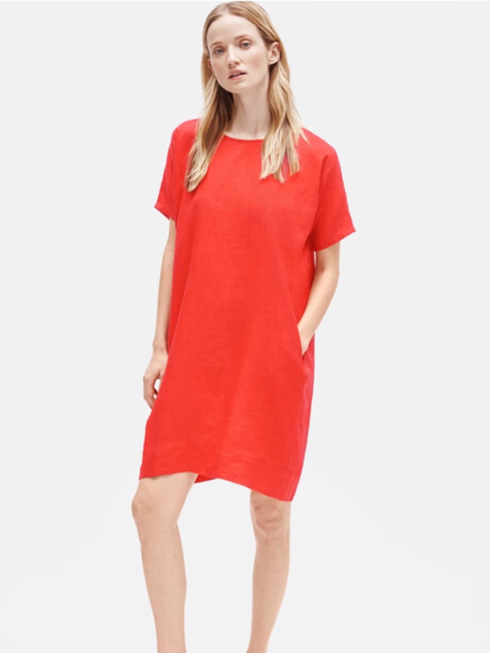 Eileen Fisher boxy handkerchief organic linen dress with pockets cheerful red